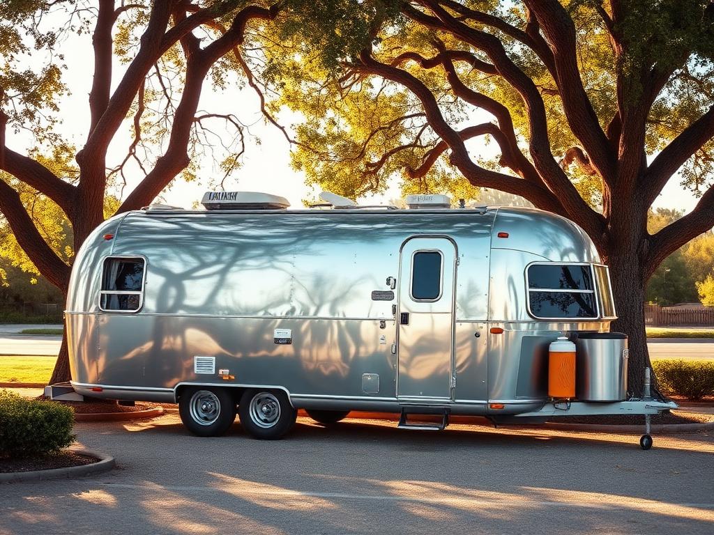 Polished vintage Airstream travel trailer parked under oak trees in California