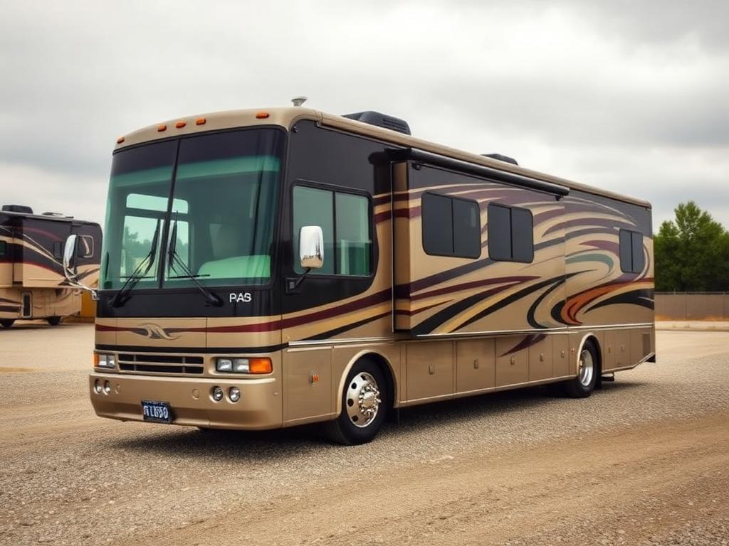 Class A diesel pusher motorhome parked in a gravel lot in California