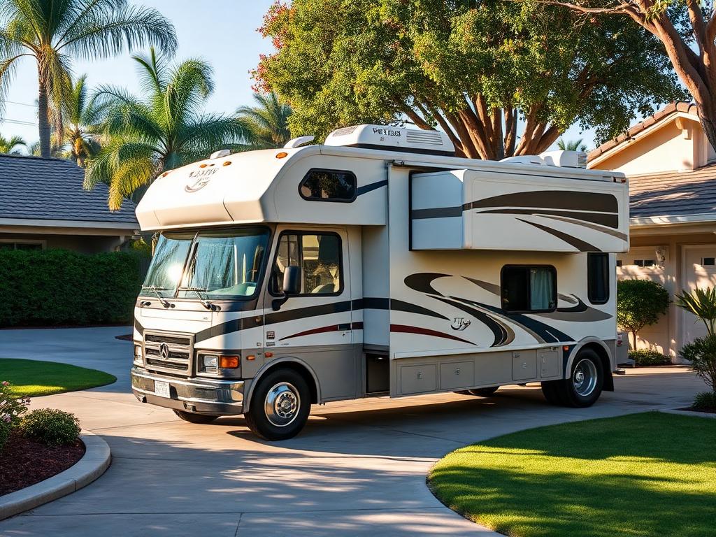 Class C motorhome with cab-over bunk parked in a California driveway
