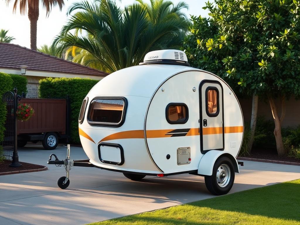 Compact fiberglass egg-shaped travel trailer in a California driveway