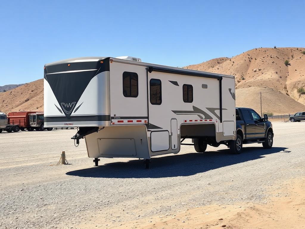 Fifth wheel trailer hitched to a pickup truck in a California gravel yard
