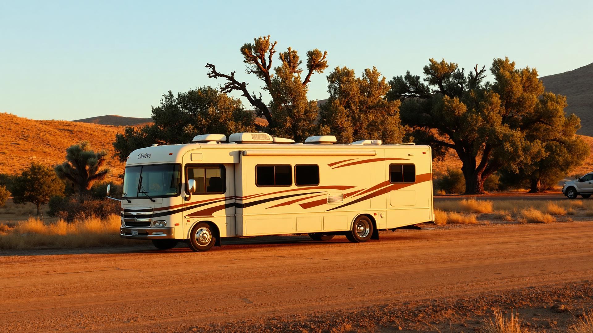 Class A gas motorhome parked on a California ranch road at sunset