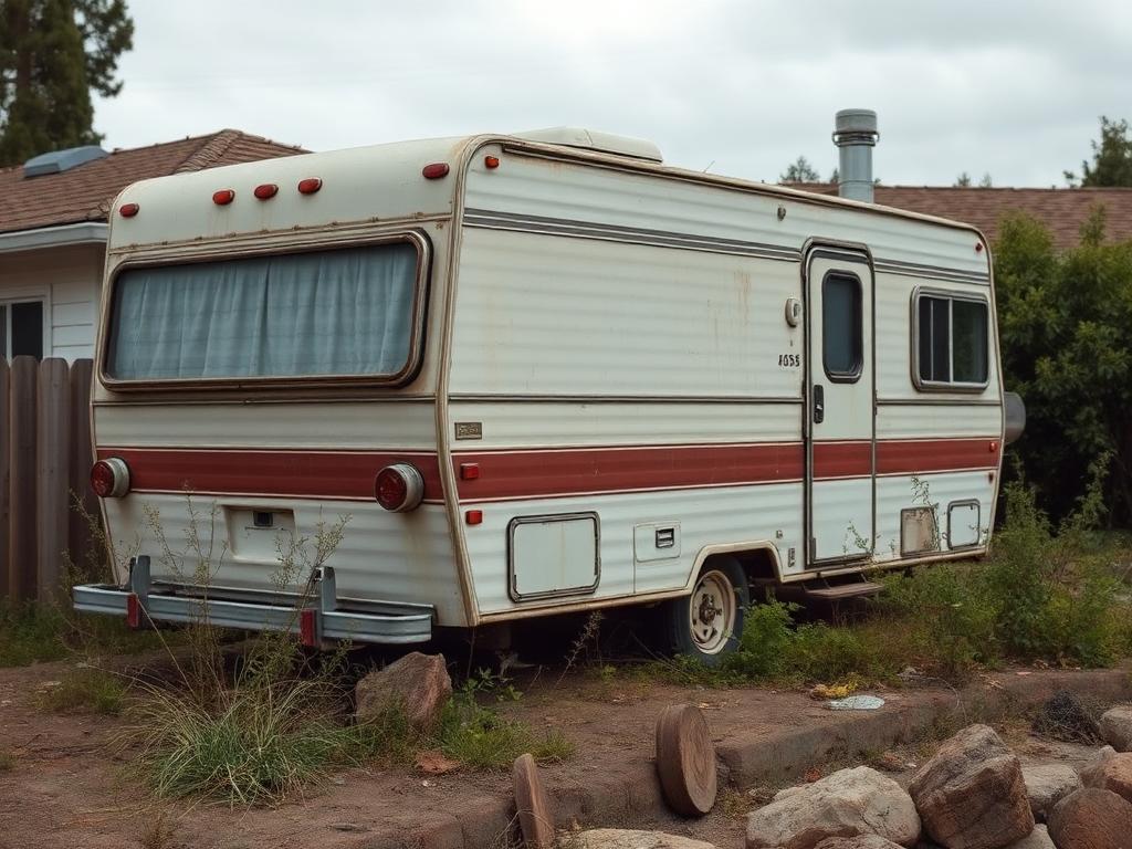 Old neglected vintage trailer sitting for years behind a California house