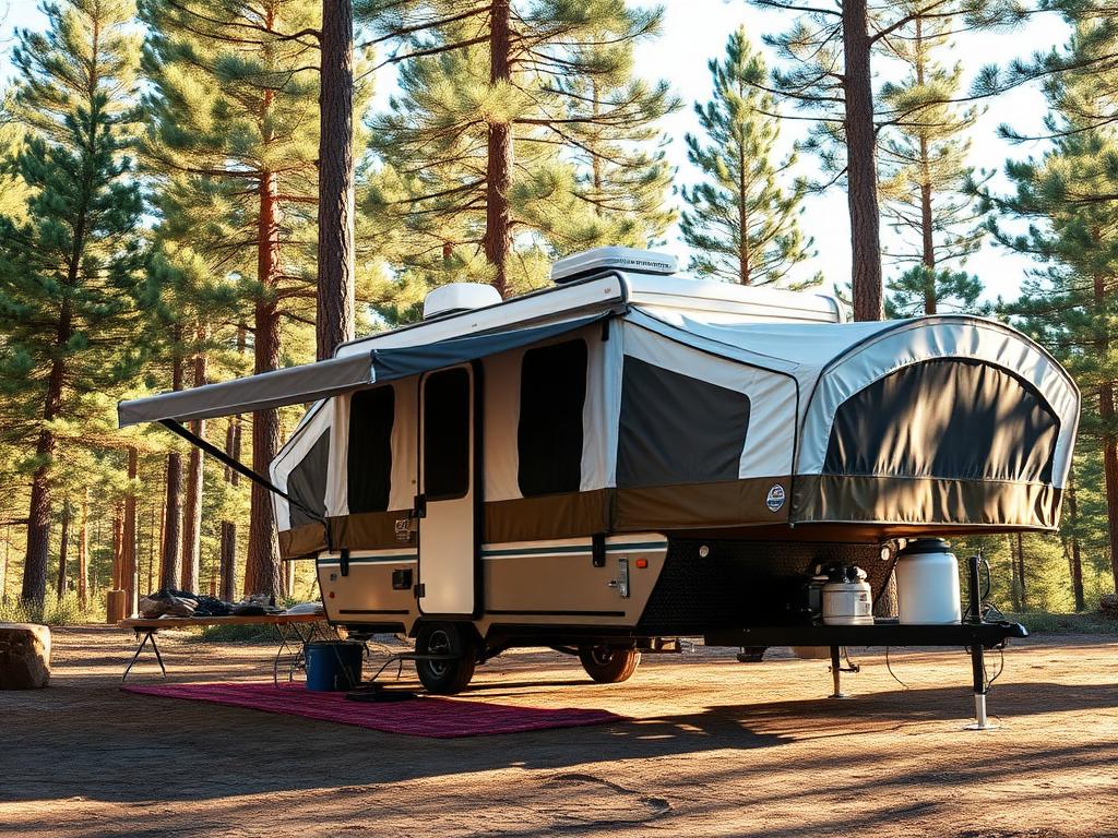 Pop-up tent trailer set up at a California campsite among pine trees