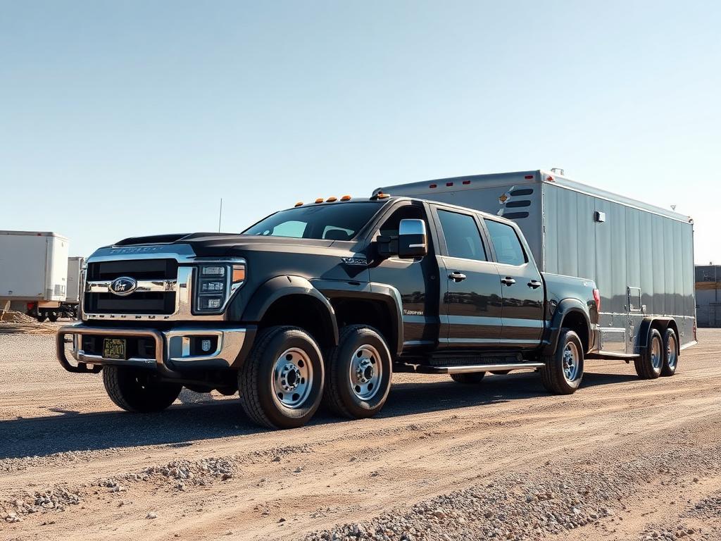 Heavy-duty pickup tow vehicle hitched to a fifth wheel trailer in California