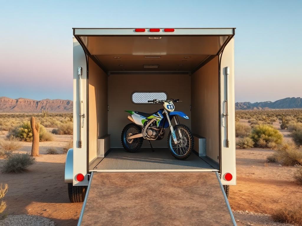 Toy hauler trailer with the rear ramp door open in the California desert