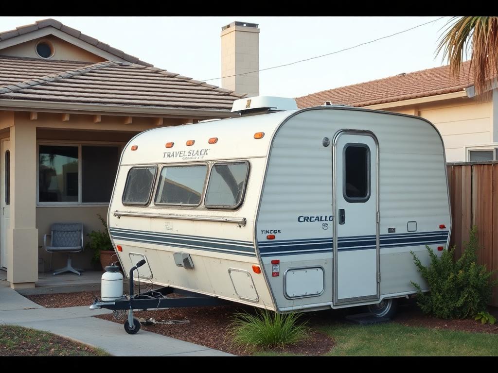 Travel trailer parked beside a house in a California side yard