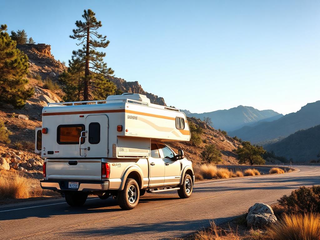 Truck camper mounted on a pickup bed on a California mountain road